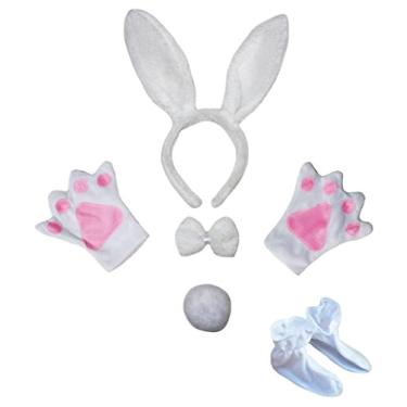 Imagem de Petitebella Tiara de coelho com orelhas de borboleta, luvas de cauda, 5 peças, fantasia 1-5 anos (branco, tamanho único)