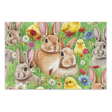 Imagem de Quebra-cabeça coelho amarelo pintinhos flor verde 1000 peças para adultos família brinquedo arte personalizado divertido família quebra-cabeça elefante branco, 75 x 40 centímetros