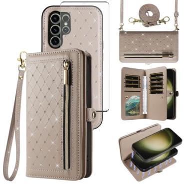 Imagem de Capa de celular para Samsung Galaxy S23 Ultra 5G Carteira com zíper destacável com protetor de tela alça transversal Bling Flip suporte para cartão de crédito S23Ultra 23S S 23 23Ultra 17.3 cm