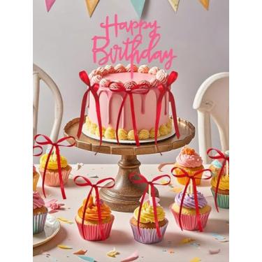 Imagem de Bow Cake Topper, 10PCS RedVintage Ribbon Cake Topper with 1PC Happy Birthday Sign for Coquette Birthday Party Decorations,Bowknot Cake Decorations Accessory for Girls Women.