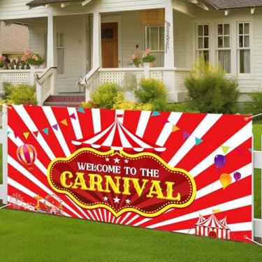 Imagem de Teenyyou Bem-vindo à faixa de carnaval, decorações de carnaval, suprimentos de festa de circo para decoração de festa temática de circo, aniversário, 189 x 89 cm (barraca listrada)