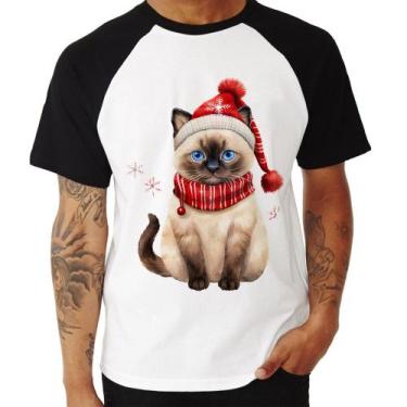 Imagem de Camiseta Raglan Gato Natalino Gorro e Cachecol - Foca na Moda, Branco,