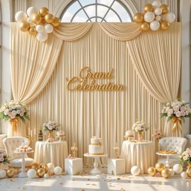 Imagem de gogoparti Cortina de fundo bege sem rugas de 6 m x 3,6 m para festas de casamento, 4 painéis de poliéster grosso, 1,5 x 3,7 m para casamento, aniversário, chá de bebê, fotografia de Halloween, fundo