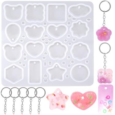 Imagem de YALOJE Moldes de silicone para chaveiros para resina, molde geométrico de 16 cavidades com 10 anéis de salto e 5 correntes, molde em forma de estrela de coração para artesanato faça você mesmo