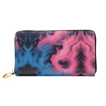 Imagem de XLLingL Carteira de cartão de crédito elegante com estampa de fogo azul e rosa, carteira de couro funcional para mulheres, carteira com zíper, preta, tamanho único