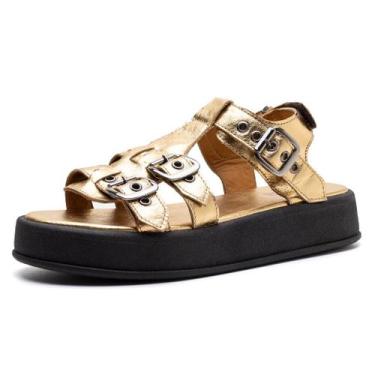 Imagem de Sandália Plataforma Justine 100% Couro Ouro, 40