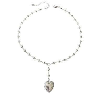 Imagem de Colar com pingente de medalhão de coração Y2k para mulheres e homens, filigrana de prata esculpida ajustável, corrente de amor, medalhões de foto que seguram fotos, imagem, presente de aniversário