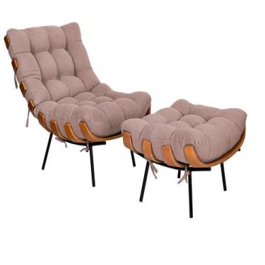 Imagem de Kit Poltrona e Puff Costela Pés Fixo Linho Rosê - Doce Sonho Móveis