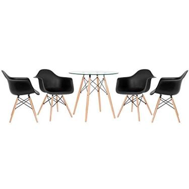 Imagem de Loft7, Kit Mesa Redonda de Vidro Eames 80 cm + 4 Cadeiras Eames Eiffel DAW, Polipropileno, Aço e Madeira, Escritório, Sala de Estar e Sala de Jantar - Preto