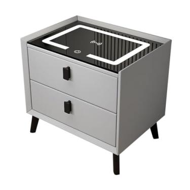 Imagem de Mesa de canto pequena moderna para quarto, suporte inteligente de LED de 3 cores com 2 gavetas, mesas de cabeceira com estação de carregamento