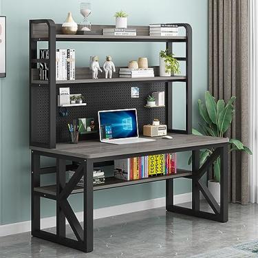 Imagem de Mesa de computador com prateleiras de armazenamento e quadro de estandes moderna mesa de trabalho de estudo grande para escritório em casa (47 polegadas, cinza + preto)