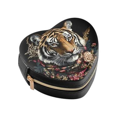 Imagem de Burbuja Caixa de joias em forma de coração de cabeça de tigre mini estojo de joias de viagem para mulheres e meninas, estojo portátil organizador de armazenamento para brincos, anéis, colares e