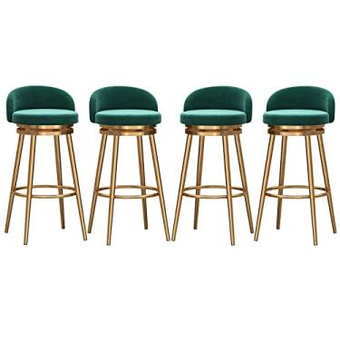Imagem de Banquetas de balcão de cozinha 360° giratórias conjunto de 4, bancos de veludo estofados com altura de bar com encosto e pernas de metal dourado de latão