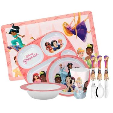 Imagem de Kit Refeição Infantil Princesas Disney 8 Peças Pratos, Copo, Jogo Americano E Talheres - Tuut