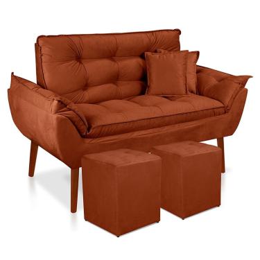 Imagem de Kit Poltrona Decorativa Namoradeira 2 Puffs Quadrado E 2 Almofadas Suede - Lm Decor Terracota
