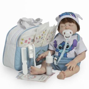 Imagem de Boneco Bebê Reborn Menino Fio a Fio Enxoval Stitch Completo - Cegonha 