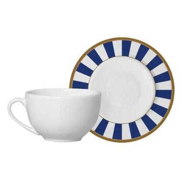 Imagem de Xícara De Chá Com Pires Stripe Azul Cerâmica Alleanza 250ml