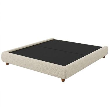 Imagem de Cama Casal Japonesa Pés Madeira Firenze Bouclé Off White MDF-MDP