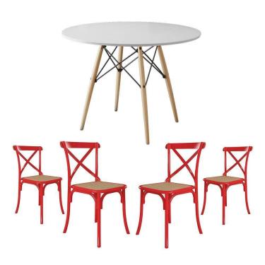 Imagem de Conjunto De Mesa Eiffel Redondo Tampo De Madeira 90Cm Branco Com 4 Cadeiras Katrina Vermelhao