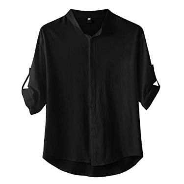 Imagem de Colla Camisa masculina masculina gola de abertura de cama casual sólida meia manga algodão linho camisa botão colarinho camiseta, Preto, 3G