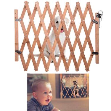 Imagem de Portao Pet Retratil Cachorro Criança Bebe Grade Bambu Ajustavel Cercadinho Barramento Previne Quedas Acidentes
