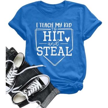 Imagem de VILOVE Camiseta feminina de beisebol Mama I Teach My Kids to Hit and Steal Camiseta de beisebol Mom camiseta de coração, Azul oceano, P