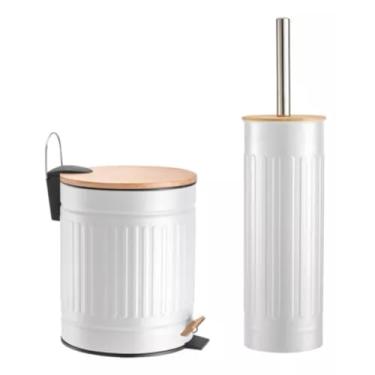 Imagem de Lixeira 3 Litros Pedal + Escova P/Lavabo Banheiro Bambu (Branco)