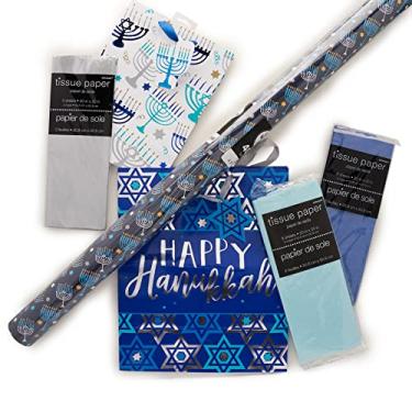 Imagem de Stephanie Imports Feito nos EUA, 12 sacos de compras de papel com tema de Hanukkah (6 pequenos, 6 médios) com papel de seda e rolos de embrulho para presente
