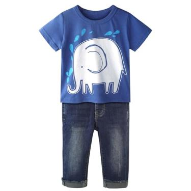 Imagem de CHUMHEY Camiseta jeans rasgada de algodão com estampa de tubarão elefante e leão para meninos pequenos, 2 peças, Deepblue-0155, 7-8 Anos