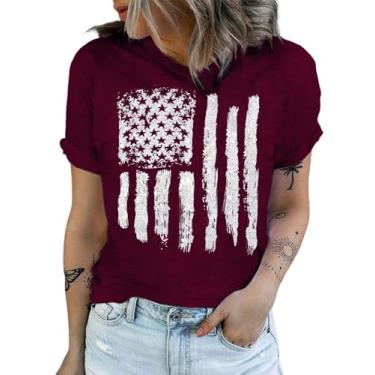 Imagem de Woffccrd Camisetas femininas casuais brilhantes com bandeira americana de manga curta e gola redonda, 1 vinho tinto, XXG