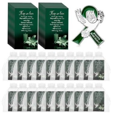 Imagem de Loetere Conjunto de 60 alfinetes de fita de funeral, alfinete de lapela de conscientização com cartões de oração, sacos de organza, broche de funeral para pessoas no dia da lembrança do luto, evento