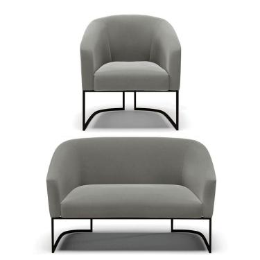 Imagem de Sofá Namoradeira E Poltrona Base Industrial Preto Stella Suede D03 - D`rossi Cor Grafite