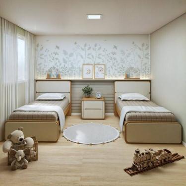 Imagem de Quarto Infantil com 2 Camas Solteiro Loop Tecido Sintético e Mesa de Cabeceira 2 Gavetas Loop Amêndoa Clean/Off White