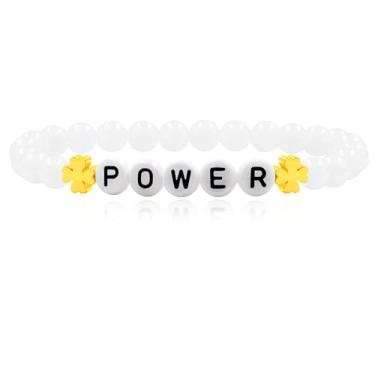 Imagem de JunyiDIY Elegante pulseira elástica de contas de jade de 6 mm com letras inspiradoras "POWER", pulseira elástica para homens e mulheres, joias unissex empoderadoras para pais, irmãos, aniversários,