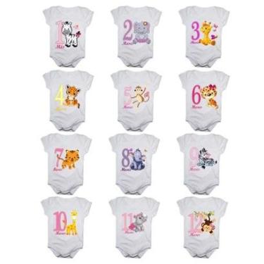 Imagem de Kit body de bebê mesversario manga curta safari menina 12 bodies 1 a 12 meses-Feminino
