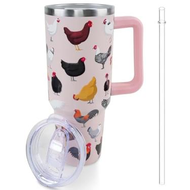 Imagem de Lumumanber Copo de frango de 1,13 l com alça e canudo, caneca de viagem, copo isolado de aço inoxidável com tampa e canudo, presentes de aniversário de Natal