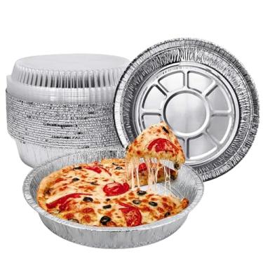 Imagem de KmaxShip Formas redondas de alumínio de 23 cm com tampas transparentes, recipientes descartáveis para alimentos com cones de plástico para armazenar, assar, preparar refeições e reaquecer, seguro para