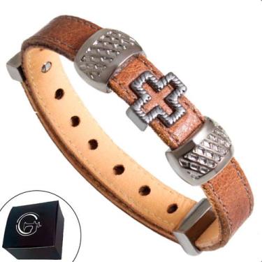 Imagem de Pulseira de Couro Marrom Cruz Vazada com Fecho Strap Plug Ajustável - 