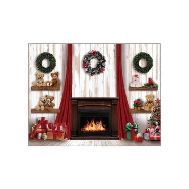 Imagem de Fundo Fotográfico 2,20 x 1,50 - Lareira de Natal e Ursinhos de Pelúcia