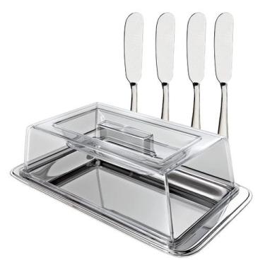 Imagem de Manteigueira Com Tampa e 4 Espátulas Manteiga Patê Inox - EURO HOME