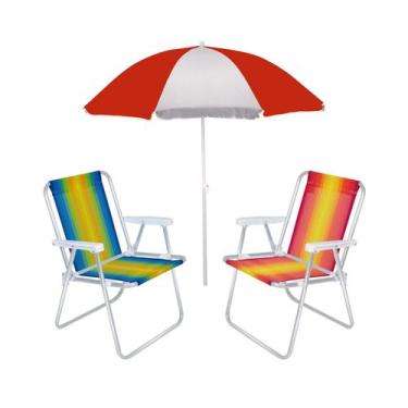 Imagem de Kit 2 Cadeira de Praia Alta Alumínio + Guarda Sol 1,80 Metros Aço - Mo