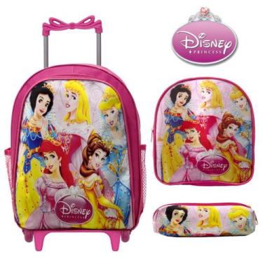 Imagem de Kit Mochila Escolar Feminina Juvenil Rodinhas Princesas Rosa - TOYS 2U