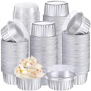 Imagem de Gejoy 400 peças de copos de alumínio para assar com tampas, 142 g, mini formas de bolo de ramequins descartáveis, creme brulee, forros de cupcake, latas de muffin, molde de pudim, recipiente de