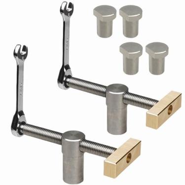 Imagem de 2 braçadeiras para cães de banco de 20 mm + 4 peças de parada de bancada de 20 mm, clipe de fixação de mesa ajustável para marcenaria, ferramenta de carpinteiro de aço inoxidável de latão para furo de