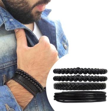 Imagem de Kit C/4 Pulseiras Masculina de Couro Pedras Regulável - GRANADO ACESSÓ