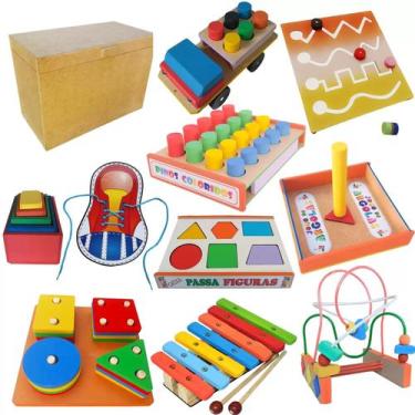 Imagem de Baú de madeira + 10 brinquedos educativos de madeira - BRINQUE E LEIA