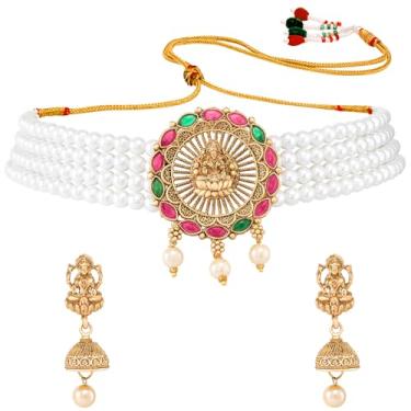 Imagem de Aheli Colar gargantilha tradicional banhado a ouro e brincos Jhumki Conjunto de joias de templo presente para mulheres, Onesize, Metal, Sem Pedra Preciosa