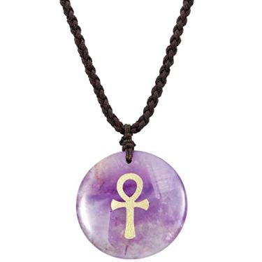 Imagem de Nupuyai Colar com pingente de pedra de cura redondo gravado para mulheres e homens, pingente de cruz Ankh egípcio com corda ajustável, Ametista, Ametista
