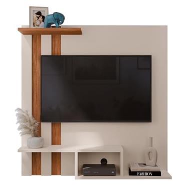 Imagem de Estante Painel Suspenso Tv 32 Polegadas Prateleira Multiuso Versátil Organizadora Decoração Recepção Sala Quarto Pequeno Com Prateleiras e Nichos Off White/Cedro LOJASGK