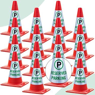 Imagem de Pacote com 16 placas reservadas para estacionamento com manga cônica brilhante e reflexiva, placa reservada de 360°, mensagem de alta visível, placas de estacionamento reservadas para cones de segurança no trânsito, entrada de automóveis para uso em área residencial comercial